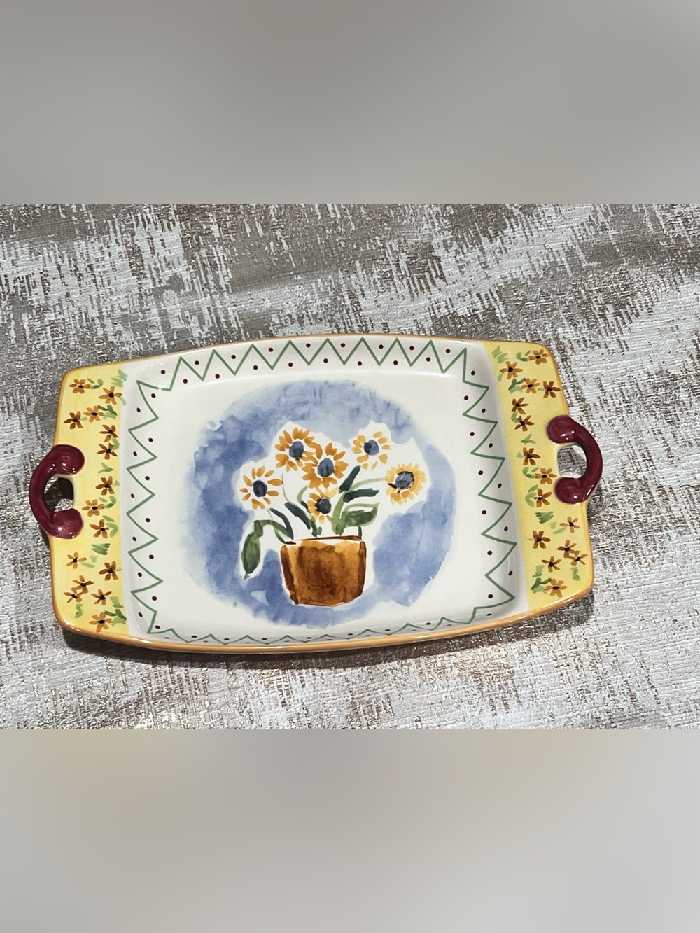 Pfaltzgraff tray with sunflowers in a pot design, featuring a blue watercolor